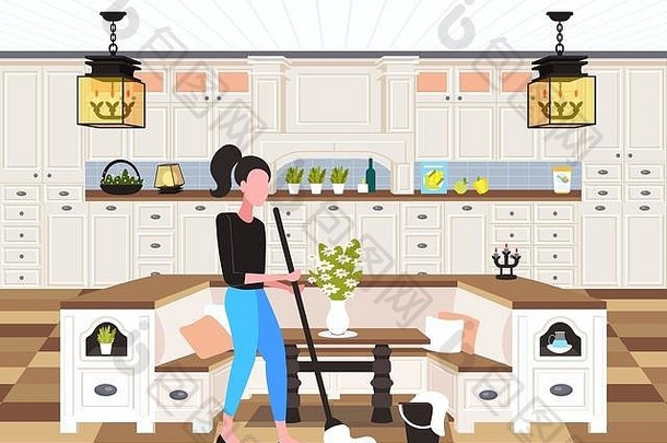 家庭主妇拖地地板上女人更清洁的拖把清洁服务做家务概念现代厨房室内完整的长度平水平