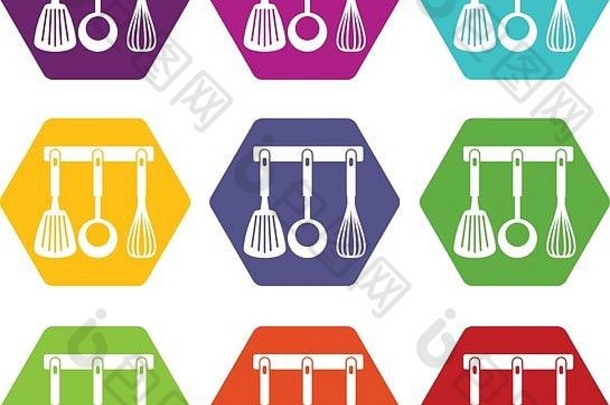 抹刀、勺子和搅拌器、厨房工具图标集颜色六面体