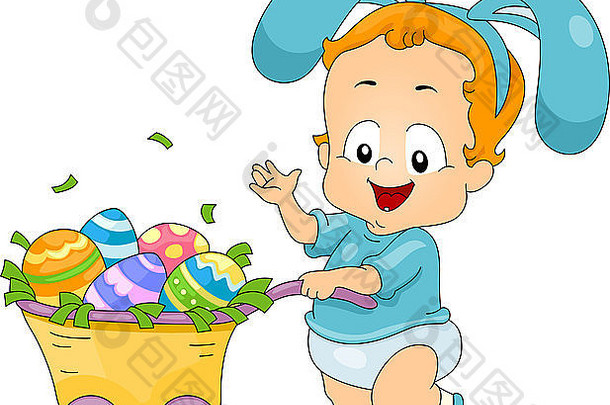 插图婴儿推车填满复活节鸡蛋