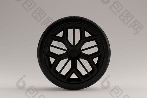 哑光黑色合金轮辋车轮，车轮设计复杂，带有赛车轮胎3d插图3d渲染