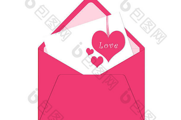 情人节快乐明信片、信封和粉色心形卡片