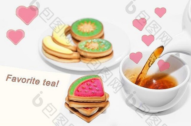 茶是从茶壶里倒出来的，水果饼干和粉红色的心在白色的背景上。