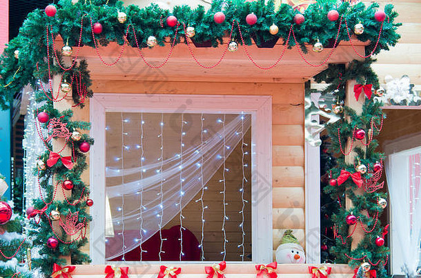 窗口装饰圣诞节风格圣诞节花环丝带弓圣诞节球冷杉分支机构