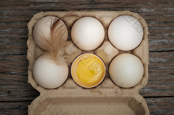 俯视蛋黄和鸡蛋在纸箱上<strong>布置</strong>一个木制<strong>场景</strong>，鸡蛋有益于身体、食物的概念。