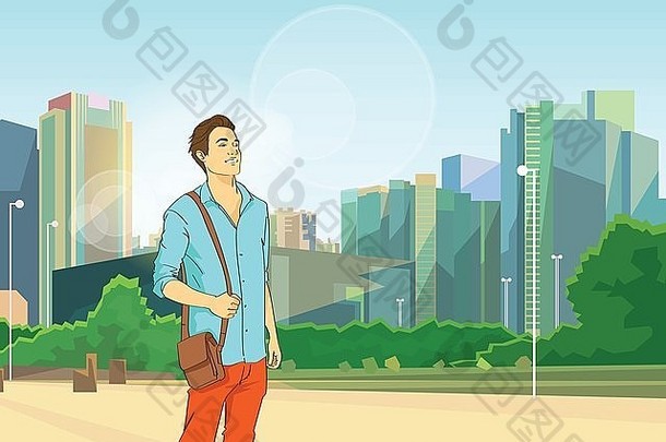 男人。现代城市城市景观背景