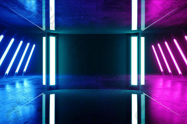 虚拟光滑的现代未来科幻黑暗的垃圾混凝土房间，在空的反射舞台背景上有紫色和蓝色发光的激光霓虹灯