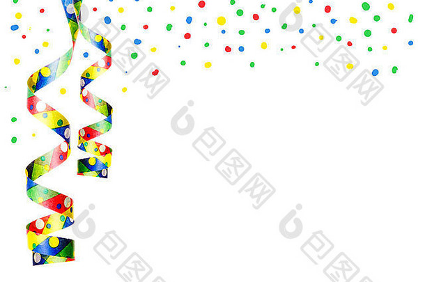 作为派对装饰的彩带和五彩纸屑，西尔维斯特被隔离，悬挂在白色背景上