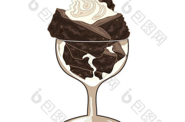 插图花俏的玻璃巧克力巧克力蛋糕蛋糕堆放漩涡生奶油白色背景