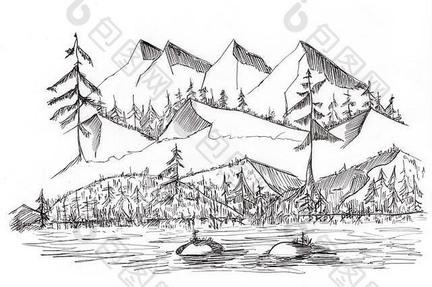 山水野景素描，水墨手绘