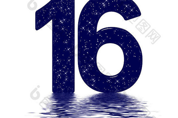 数字16，16，模仿星空纹理，反射在水面上，隔离在白色上，3d渲染