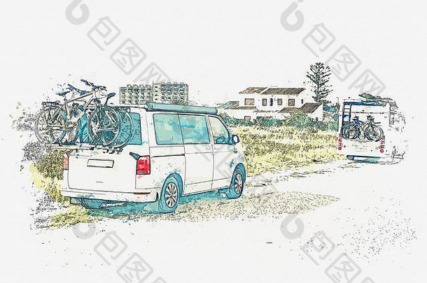 水彩素描或插图。房车或带轮子的房子停在路边。公路旅行或汽车旅行。