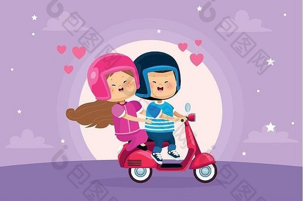 骑摩托车的可爱的小孩情侣