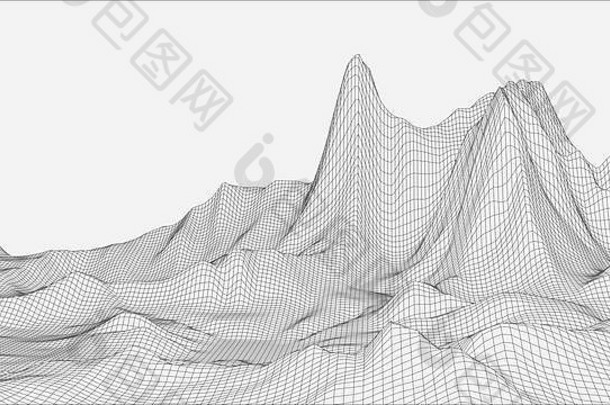 抽象线框景观背景。网络空间网格。3d技术线框插图。用于演示的数字线框景观。