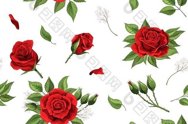 红色玫瑰花和柔软花瓣元素无缝图案