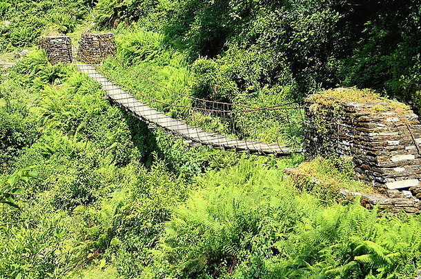 在安纳普拉斯省Pitam Deurali Tolka<strong>地段</strong>跨越山间小溪的钢缆和木地板悬索桥