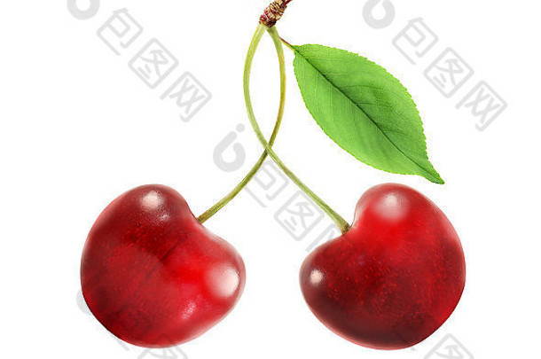 白色背景上的两颗红樱桃在白色背景上特写拍摄