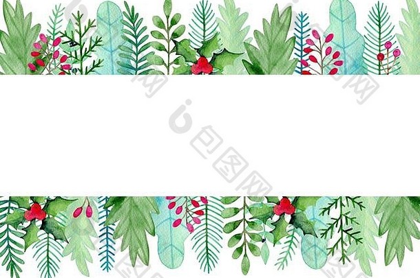 水彩圣诞节一年问候卡常绿植物绿色分支机构叶子装饰冬天手画花背景