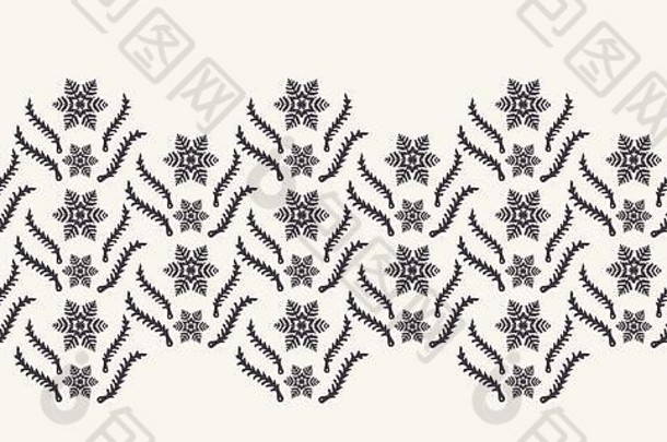 手绘抽象冬季雪花边框图案。白色背景上的时尚水晶星星。优雅简单的节日旗帜丝带。节日礼物