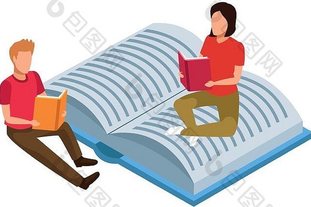 男人。女人阅读坐着开放书