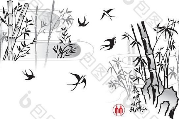 优雅的中国毛笔风格的竹子画。