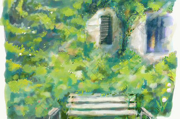 绿色花园板凳上花窗口艺术插图美丽的自然户外自然景观公园