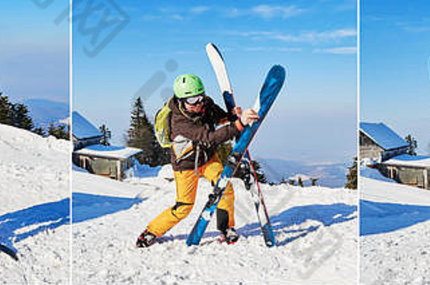 笨拙滑稽的滑雪者把滑雪板放在不同的错误位置——构图。地点：罗马尼亚波亚纳布拉索夫滑雪场。