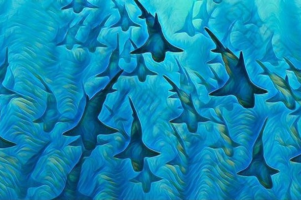 一群在蓝色海水中游泳的鲨鱼。3d渲染计算机数字绘画风格，具有可见的笔划、画布纹理