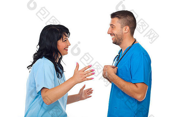 医生有趣的谈话笑女人解释做手势手
