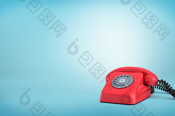呈现红色的复古的<strong>旋转</strong>电话黑色的绳站未使用的蓝色的背景