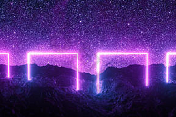 未来主义的复古的广场霓虹灯光发光的岩石地面大横幅渲染空间星空背景紫色的颜色