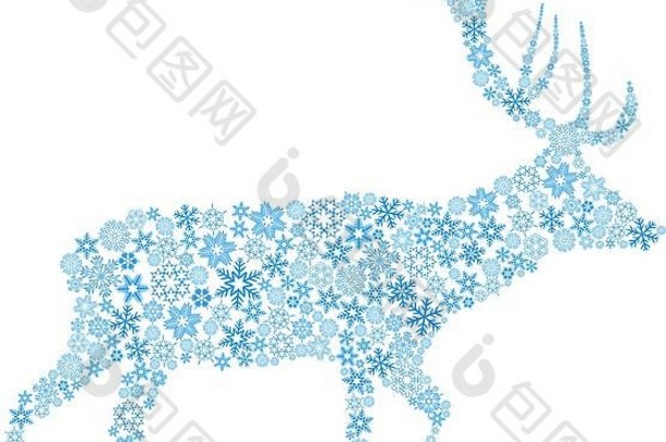 白色背景上雪花中鹿的剪影。