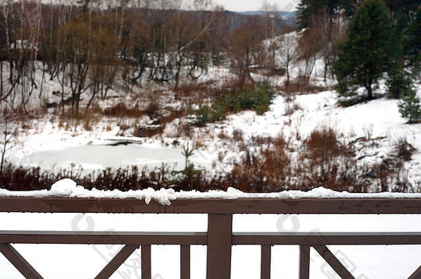 前景是桥上的金属扶手，模糊背景中的冬季景观
