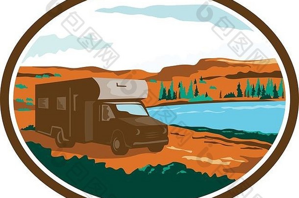 露营车房车在沙漠或干旱草原上行驶的插图，背景设置为水池湖