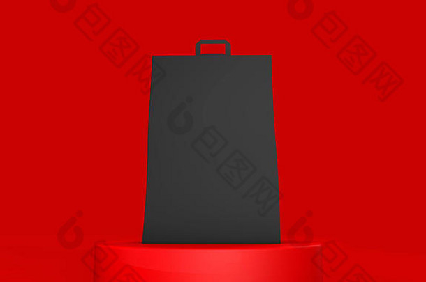 红色背景上的黑色纸购物袋。黑色星期五销售活动。三维渲染