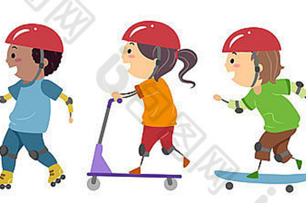 儿童在滑板上骑行的插图
