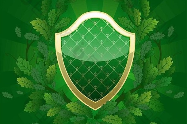 带有皇家图案的绿色盾牌，用橡木树枝装饰绿色发光背景