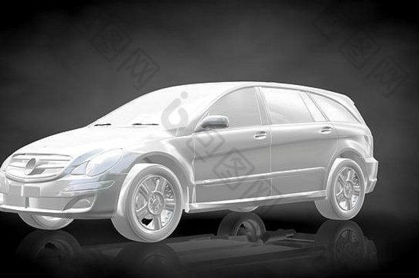 黑色背景上白色反光汽车的3d渲染