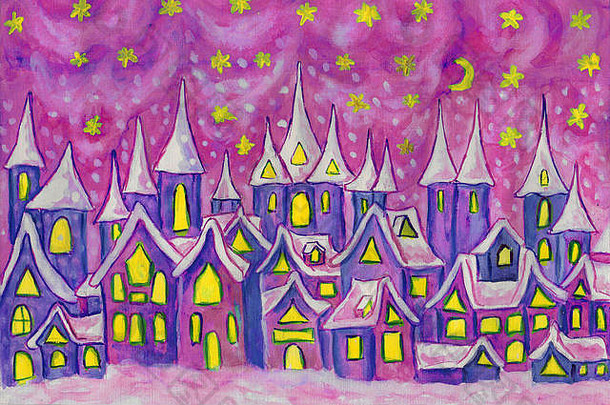 手画插图水彩画dreamstown蓝色的粉红色的颜色插图仙女故事书孩子们克里斯玛