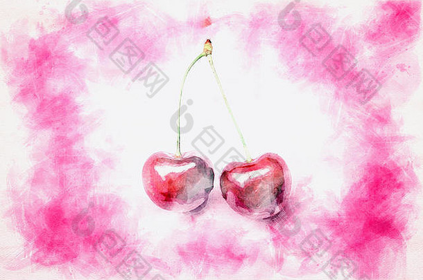 水彩画中粉红色背景上两颗樱桃的特写