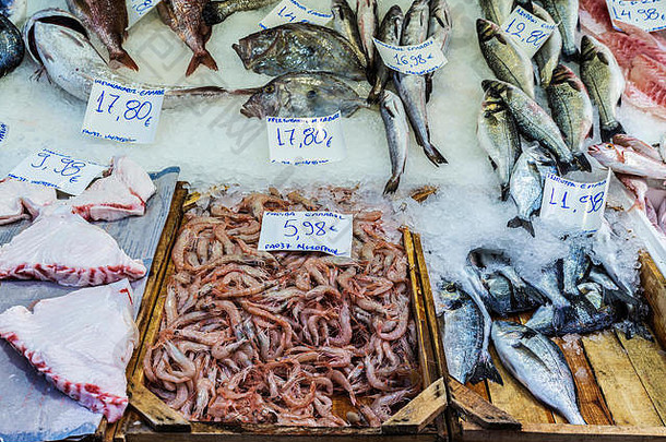 希腊雅典一条街上的鱼市场上的鱼和海鲜店