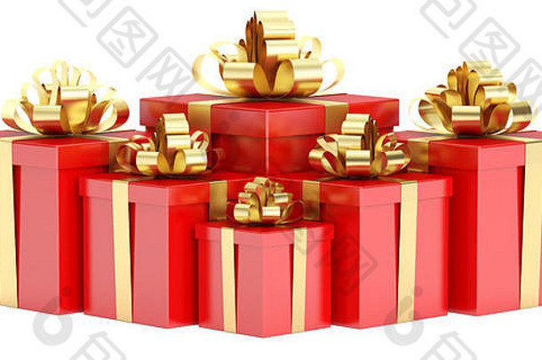 带有金结和丝带的红色礼品盒，在白色背景上隔离3D渲染