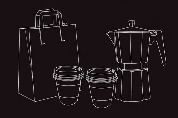 Vector Black是咖啡<strong>外卖</strong>套装的独立插图，配有两个咖啡纸杯、一个咖啡壶和一个纸袋