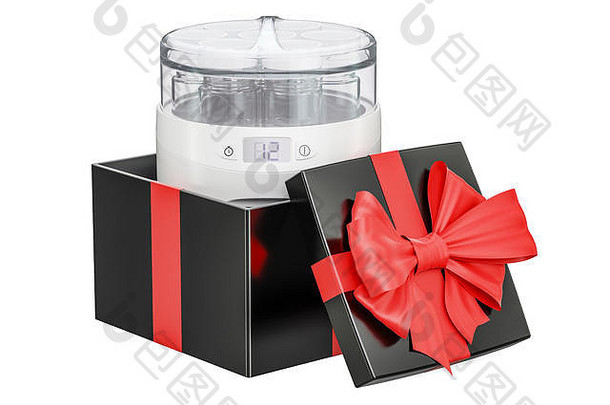 自动酸奶制造商内部礼物盒子礼物概念呈现孤立的白色背景