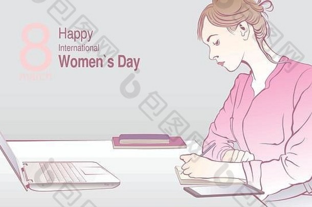 国际妇女节贺卡。在灰色背景下，坐着的女上班族在电脑前的笔记本上写字的草图