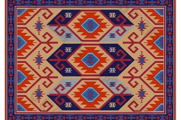 复古奢华东方地毯，黄色、栗色，灰色、青色和橙案