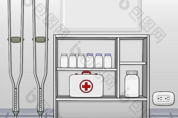 墙上的拐杖，白色医院背景<strong>下架</strong>子上的药瓶和药柜