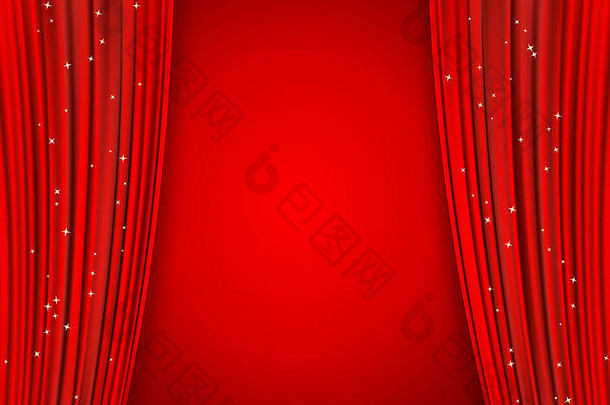 红色背景上的红色窗帘和闪烁的星星。与spac一起作为电影放映或电影颁奖公告拉开帷幕