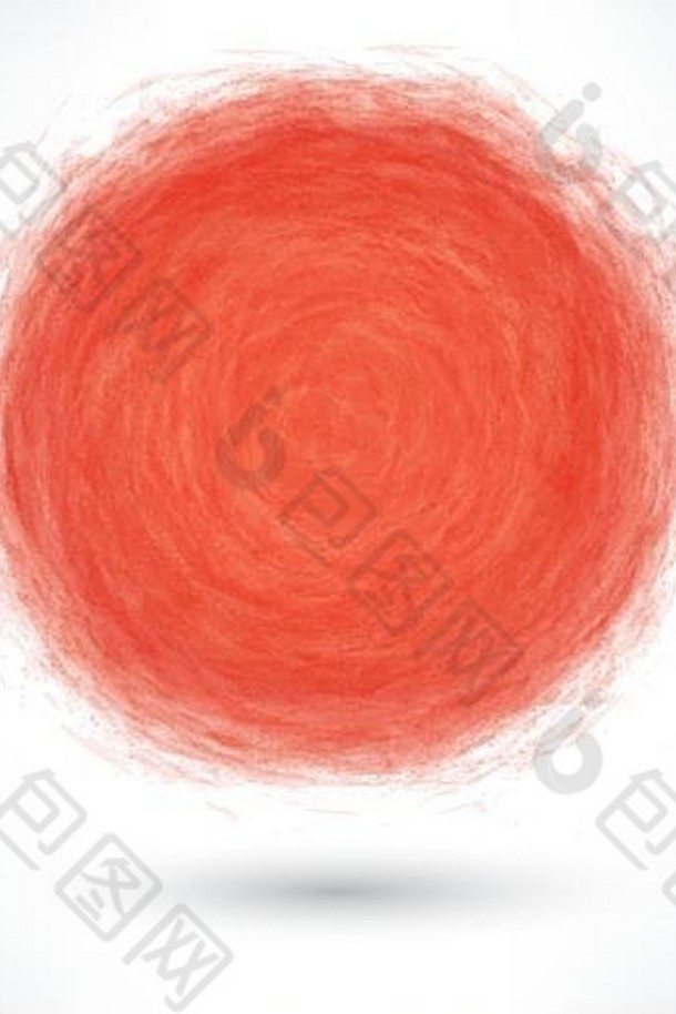红色画笔以圆形的形式笔划，白色背景上有灰色阴影。水墨画手绘素描
