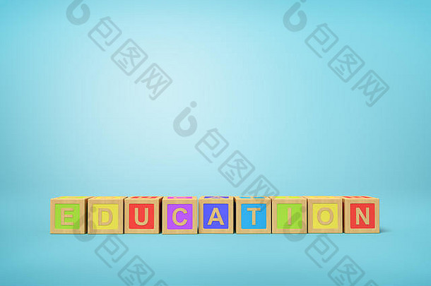 蓝色背景上字母玩具块的3d渲染。