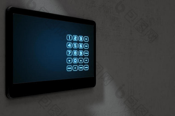 现代触摸屏交互式家庭安全键盘访问面板的3D渲染，带有照明数字键盘